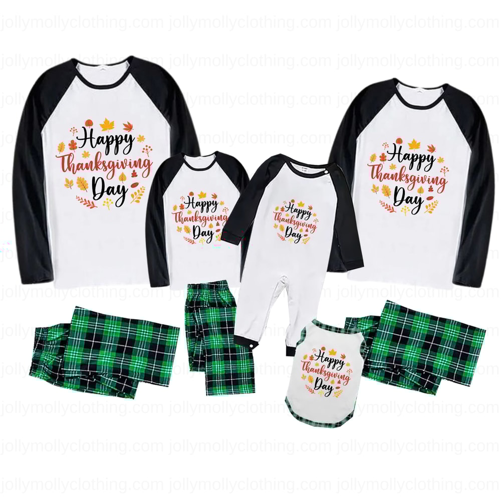 Thanksgiving Green Plaid Family Matching Pajamas Happy Thanksgiving Day Set