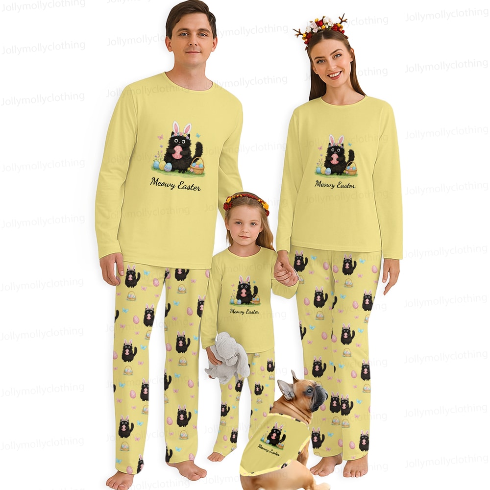 Easter Matching Family Pajamas Yellow Set Long Sleeve Cat Bunny Print Sleepwear for Mom Dad Kids