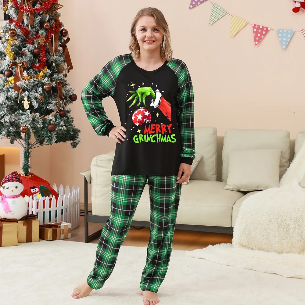 Merry Grinchmas Green Plaid Family Matching Christmas Pajamas