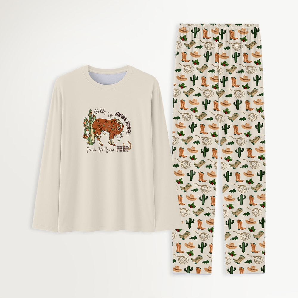 Western Christmas Family Matching Pajamas Giddy Up Jingle Horse Holiday Sleepwear Set