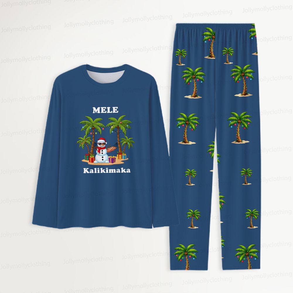 Mele Kalikimaka Navy Palm Tree Matching Family Christmas Pajama Set with Pet Shirt