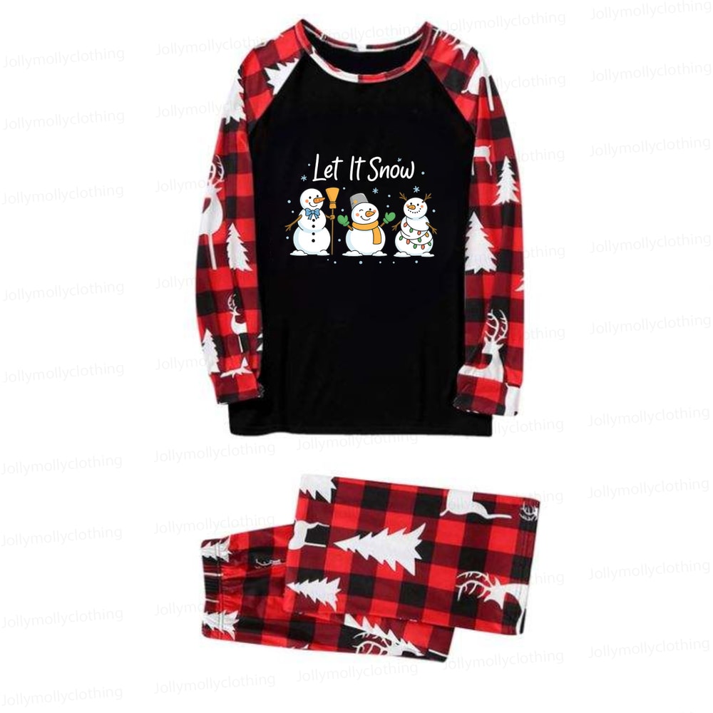 Let It Snow Snowmen Holiday Pajamas for Family in Red Reindeer Check Pattern