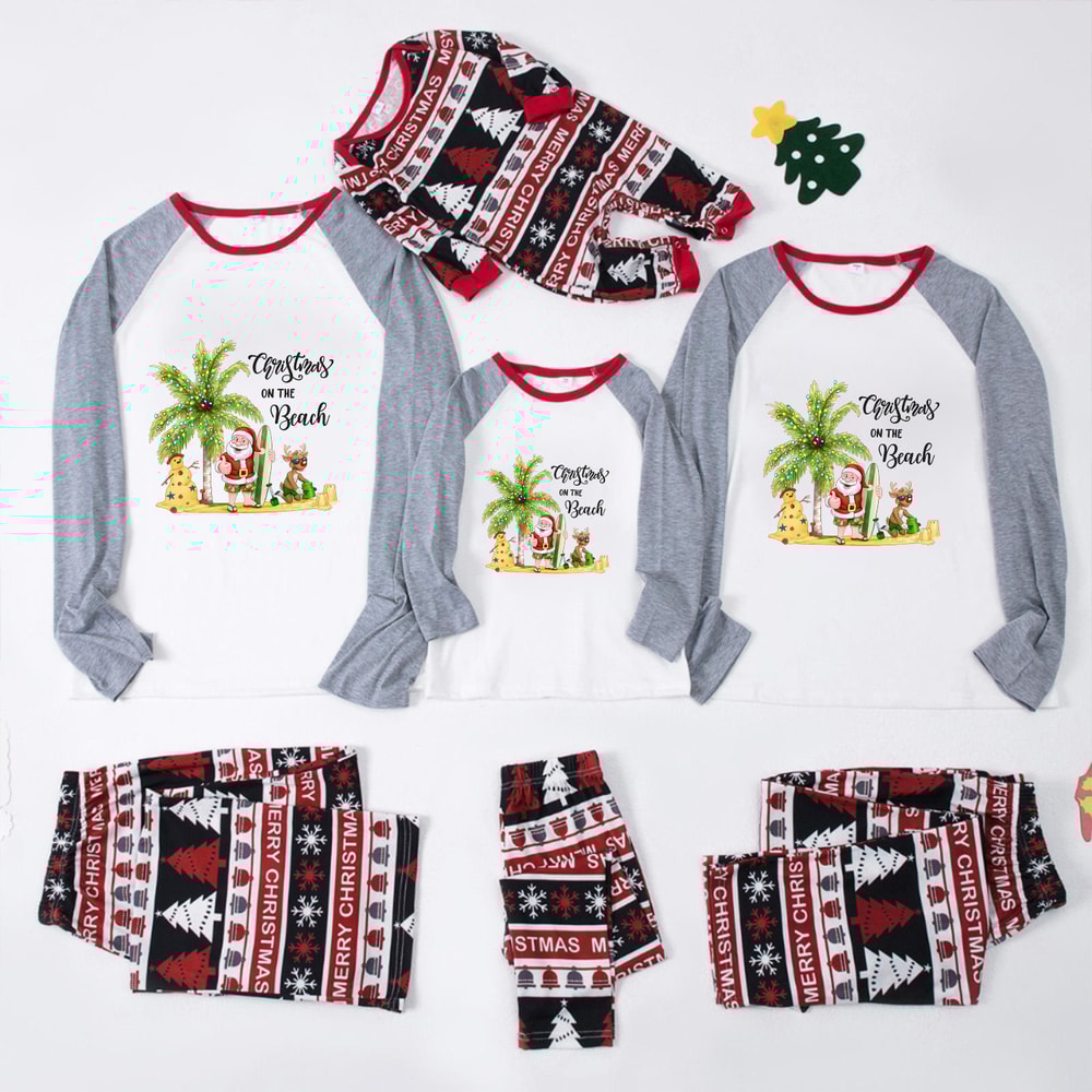 Tropical Christmas on the Beach Family Pajamas Grey Sleeve Matching Holiday Set
