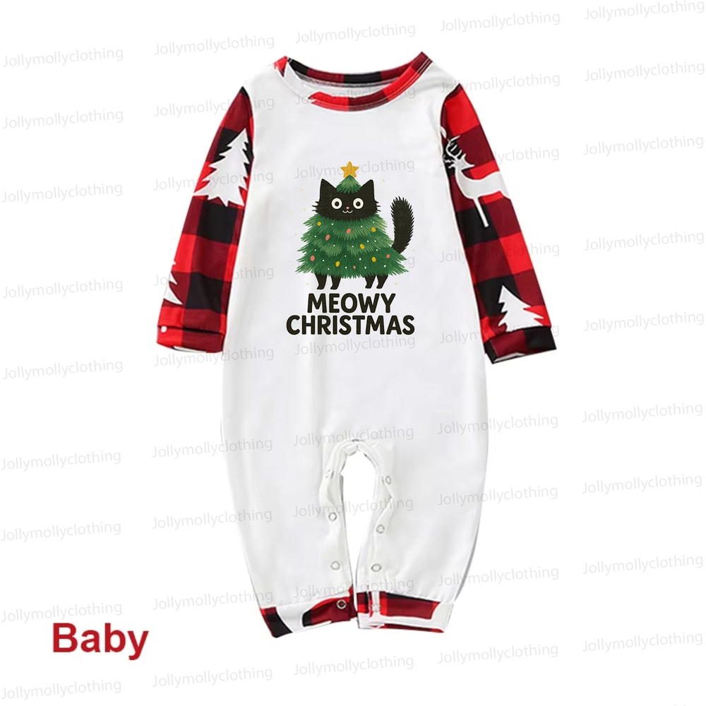 Family Christmas Pajama Set Meowy Christmas Cat Design in Red Reindeer Check