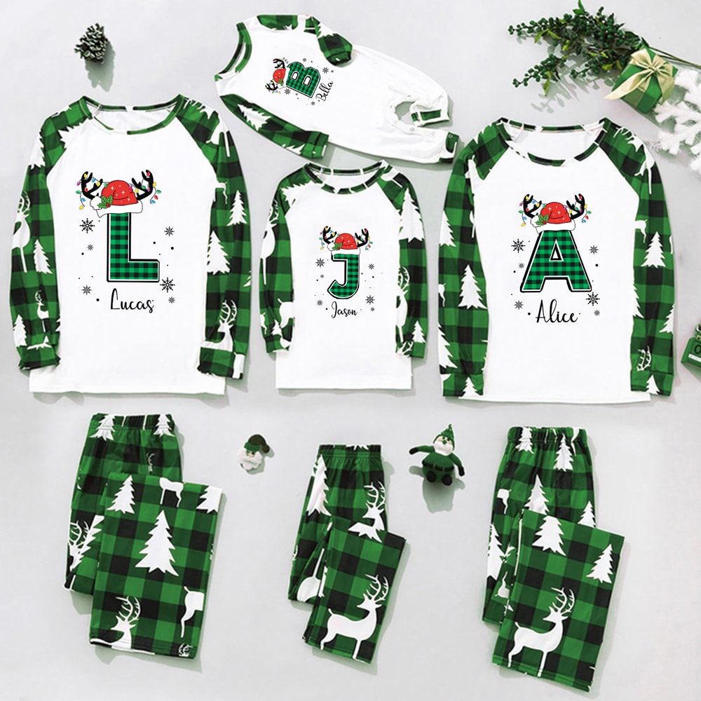 Personalized Christmas Monogram Green Reindeer Family Matching Pajamas