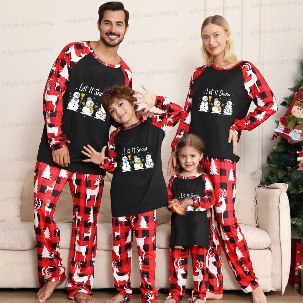 Let It Snow Snowmen Holiday Pajamas for Family in Red Reindeer Check Pattern