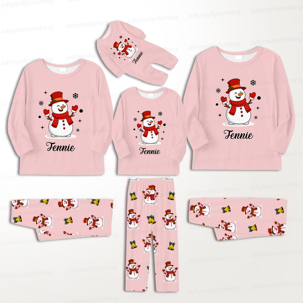 Custom Name Pink Snowman Matching Holiday Pajamas for Family & Dog