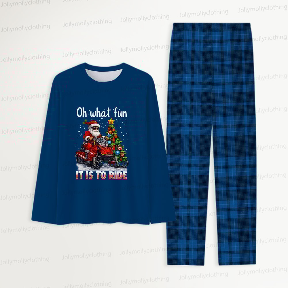 Santa on a Motorcycle Blue Family Matching Christmas Pajamas with Dog Outfit