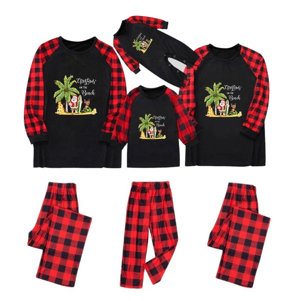 Christmas on the Beach Family Matching Pajamas with Black Tops and Plaid Pants