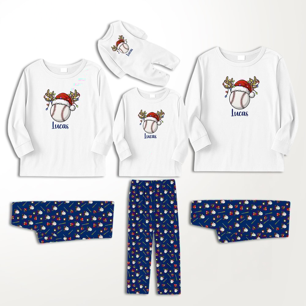 Personalized Baseball Family Christmas Pajamas Blue and White Matching Sleepwear