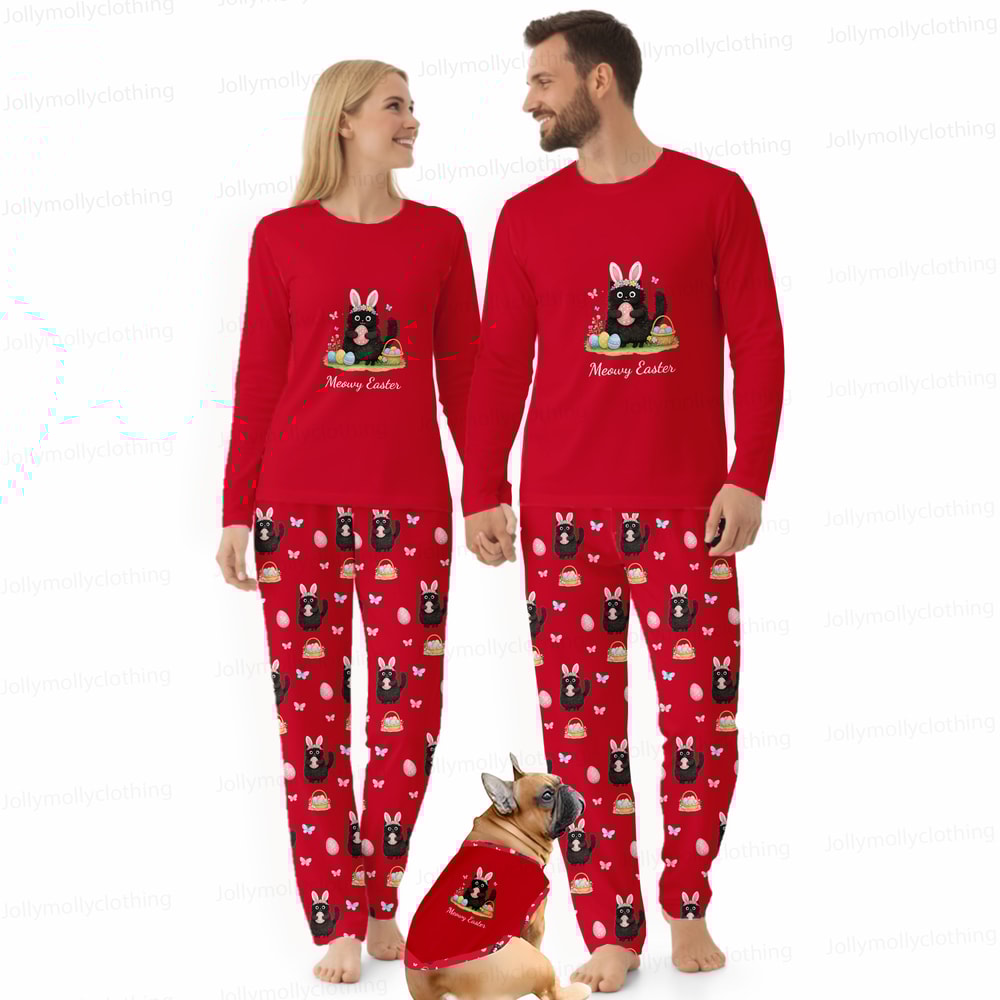 Meowy Easter Matching Family Pajamas Red Long Sleeve Set