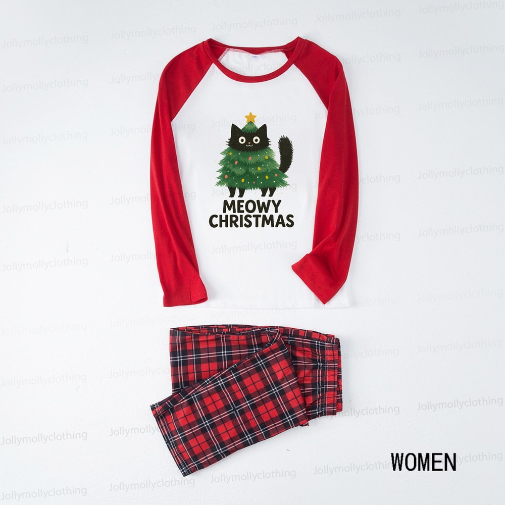 Meowy Christmas Cat Matching Family Pajamas with Red Plaid Pants