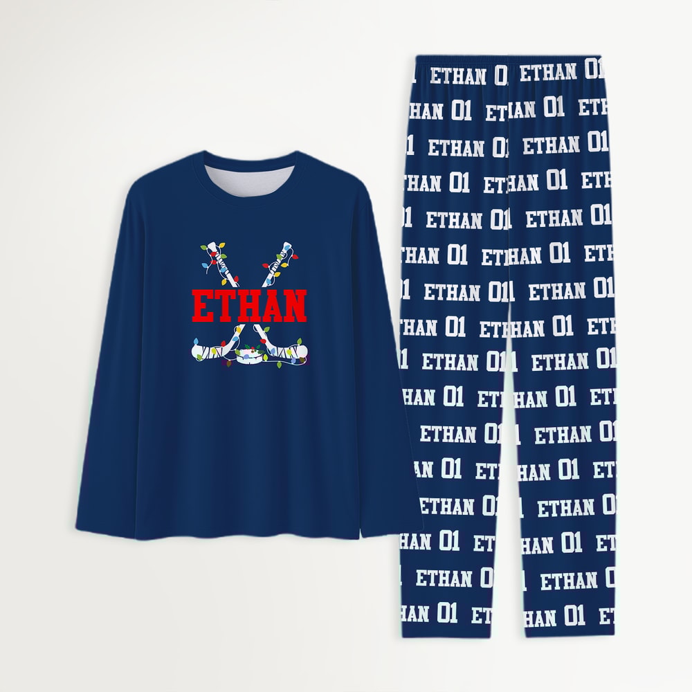Personalized Hockey Sticks Family Christmas Pajamas Custom Name and Number