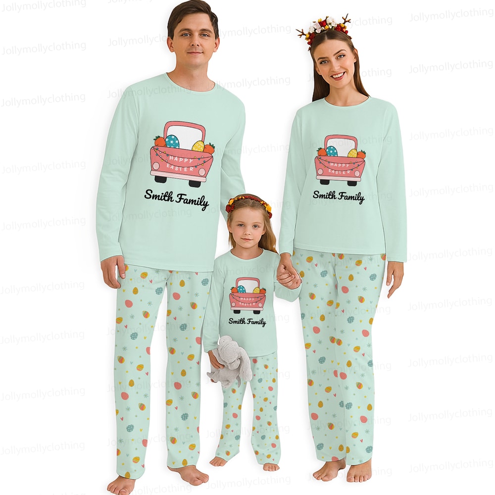 Custom Name Happy Easter Matching Family Pajamas Mint Green Sleepwear