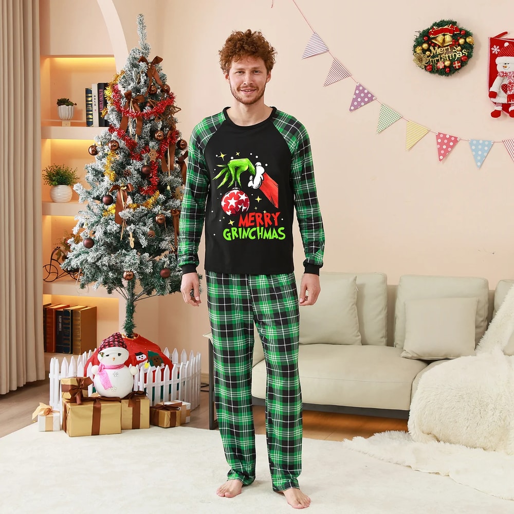 Merry Grinchmas Green Plaid Family Matching Christmas Pajamas