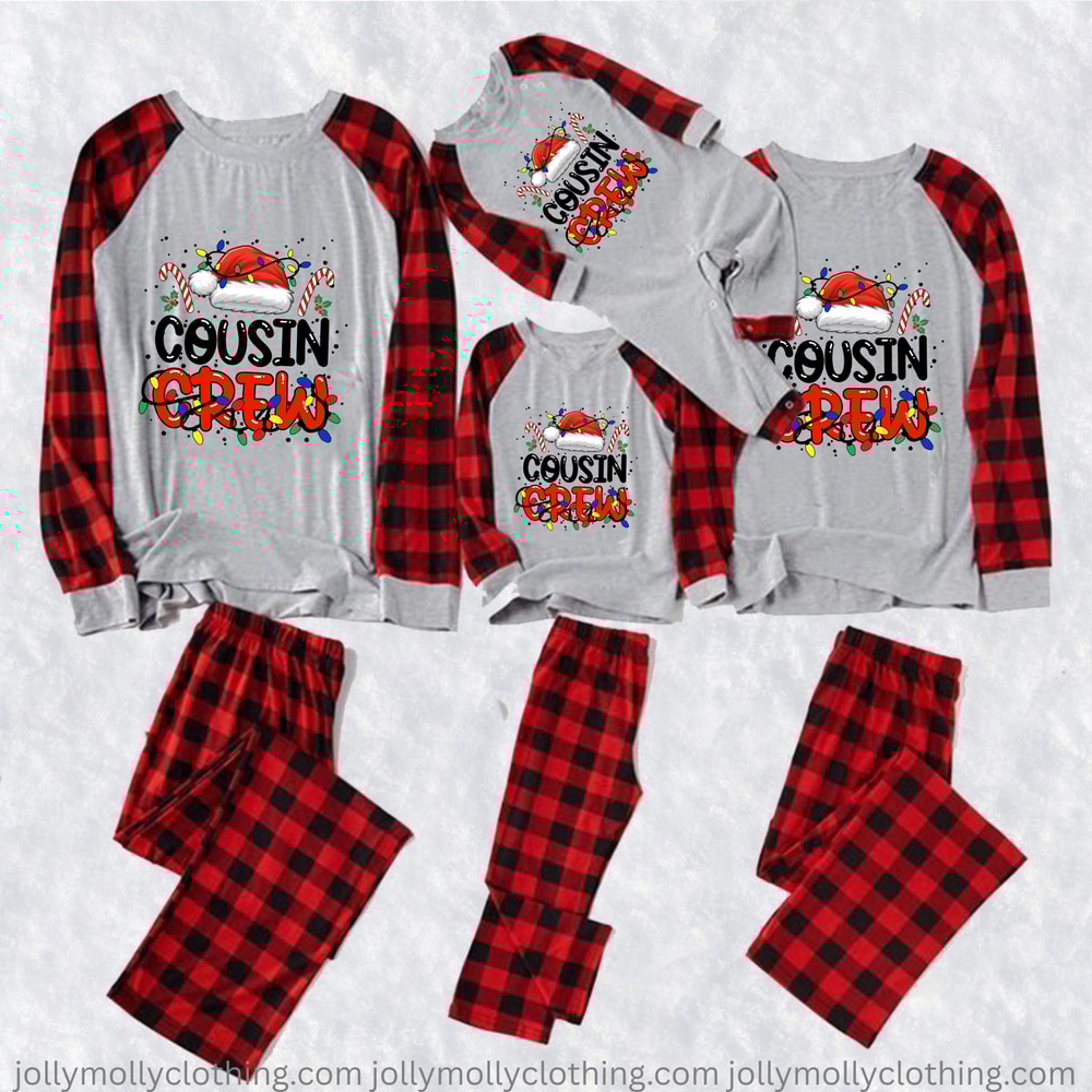 Gray Red Buffalo Plaid Cousin Crew Christmas Family Matching Pajamas