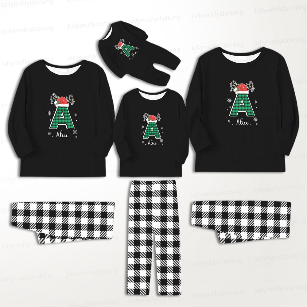 Custom Name Monogram Christmas Pajama Set for Matching Families Black and White