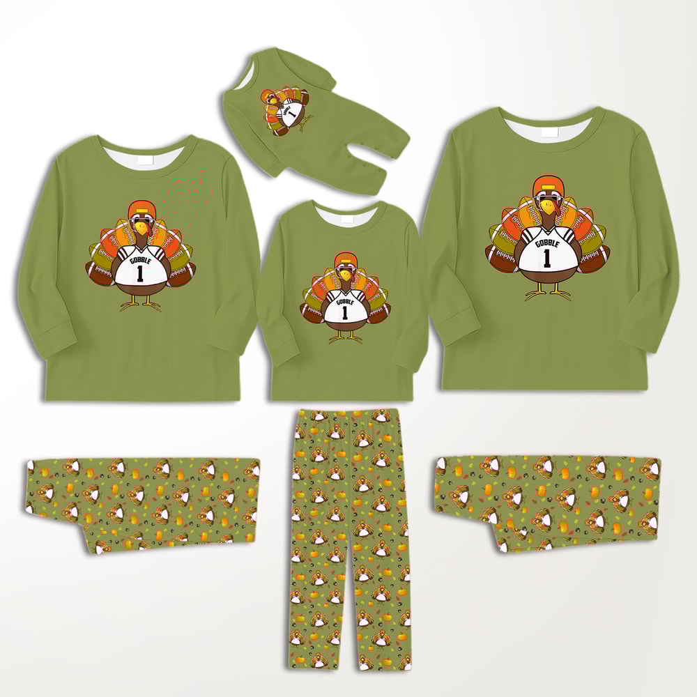 Football Turkey Thanksgiving Family Matching Pajamas Green Pumpkin