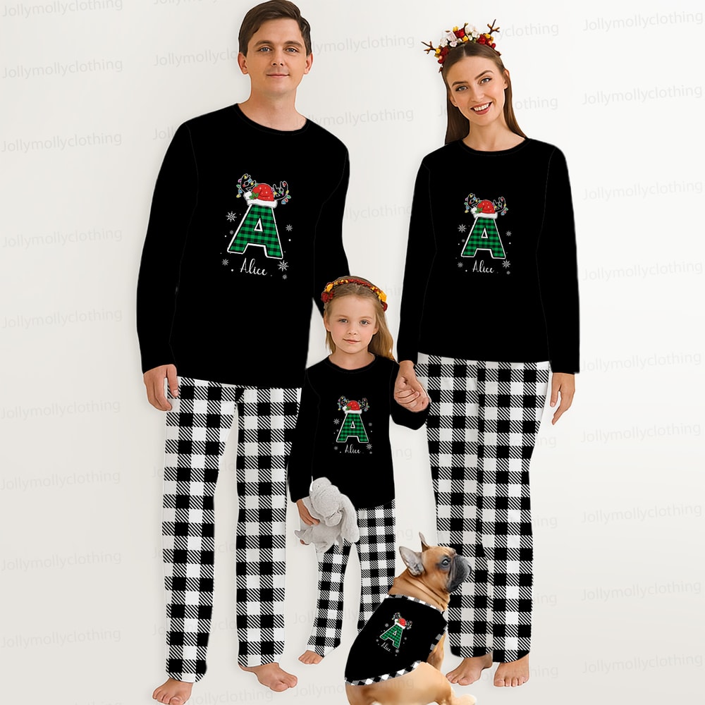 Custom Name Monogram Christmas Pajama Set for Matching Families Black and White