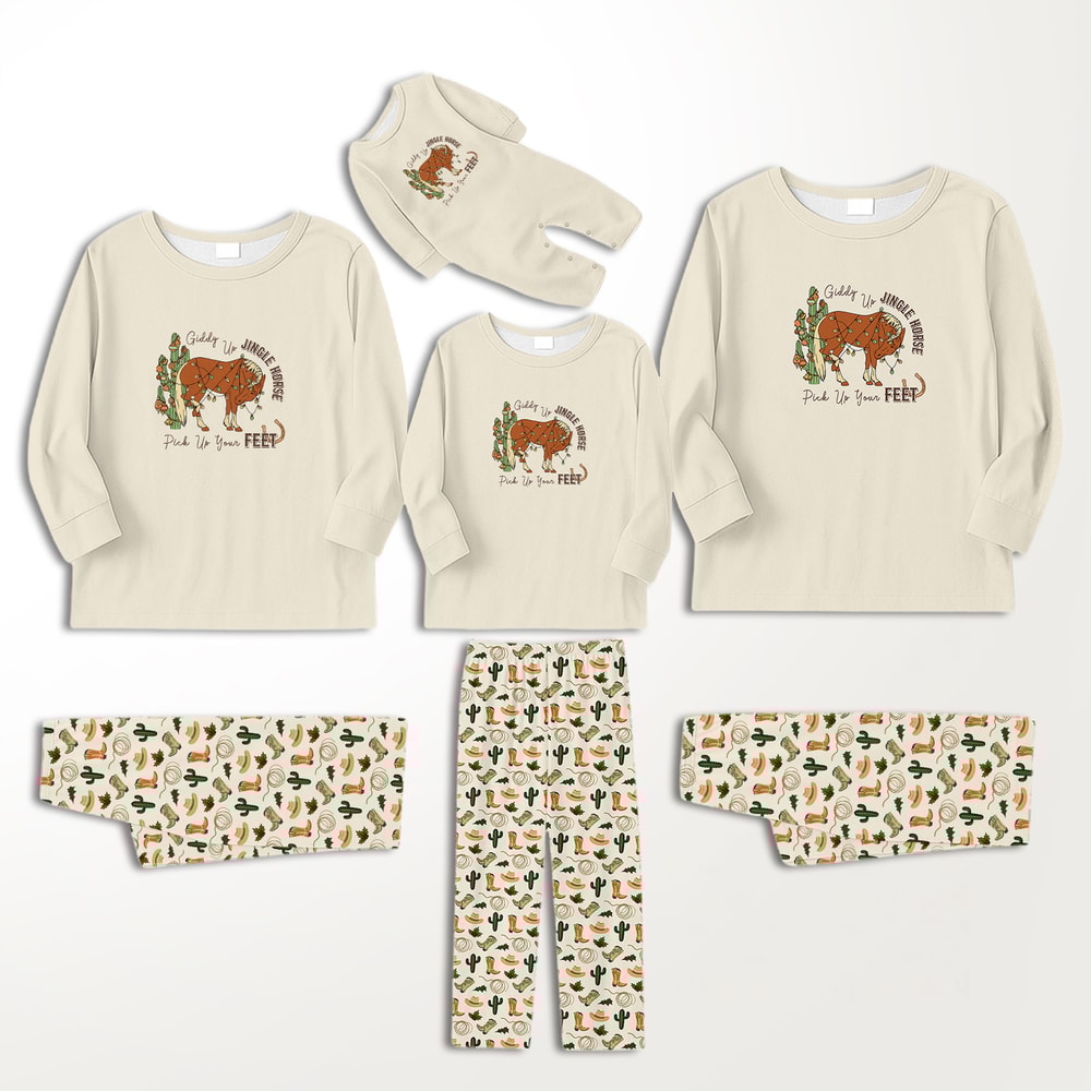 Western Christmas Family Matching Pajamas Giddy Up Jingle Horse Holiday Sleepwear Set