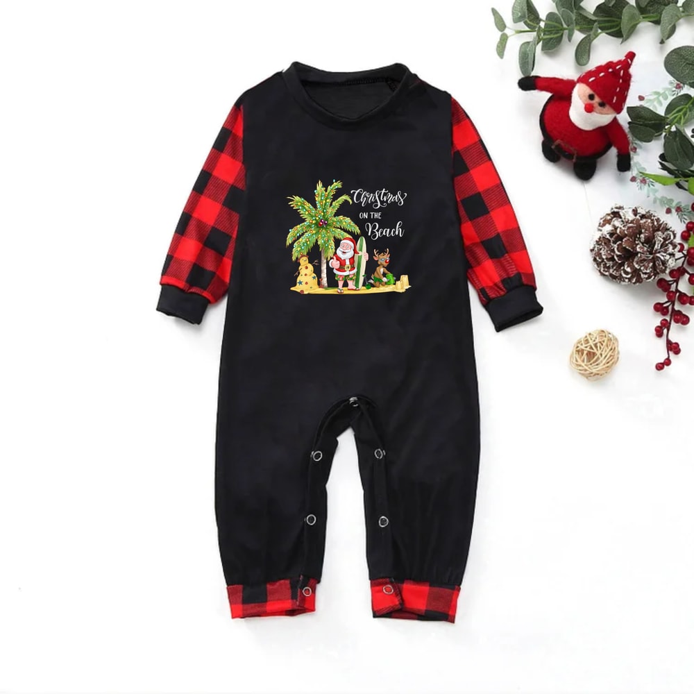 Christmas on the Beach Family Matching Pajamas with Black Tops and Plaid Pants