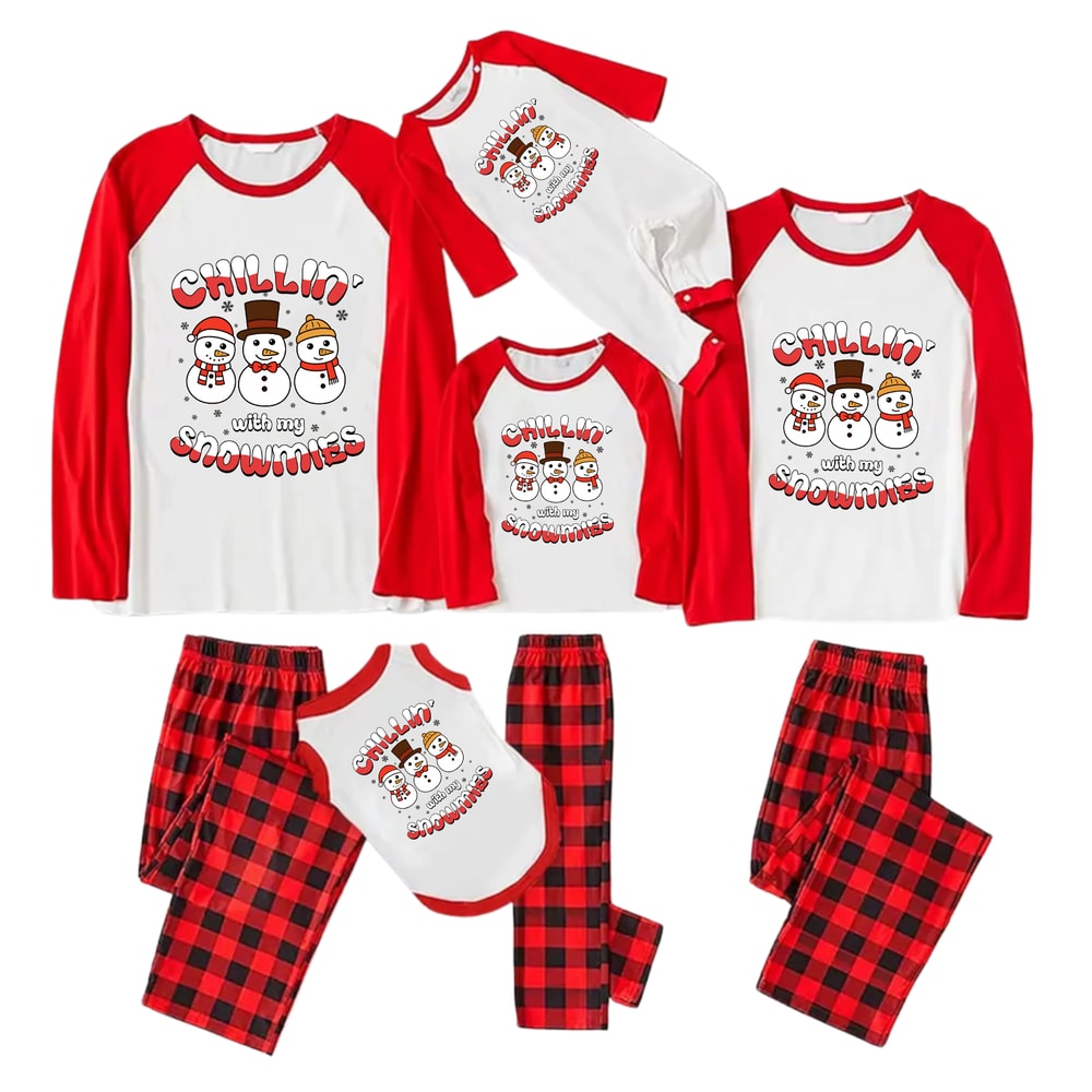 Chillin With My Snowmies Family Matching Christmas Pajamas Red Buffalo Plaid
