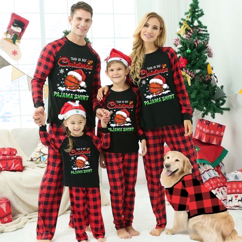 Red Plaid Basketball Christmas Pajama Shirt Matching Family PJs Set"