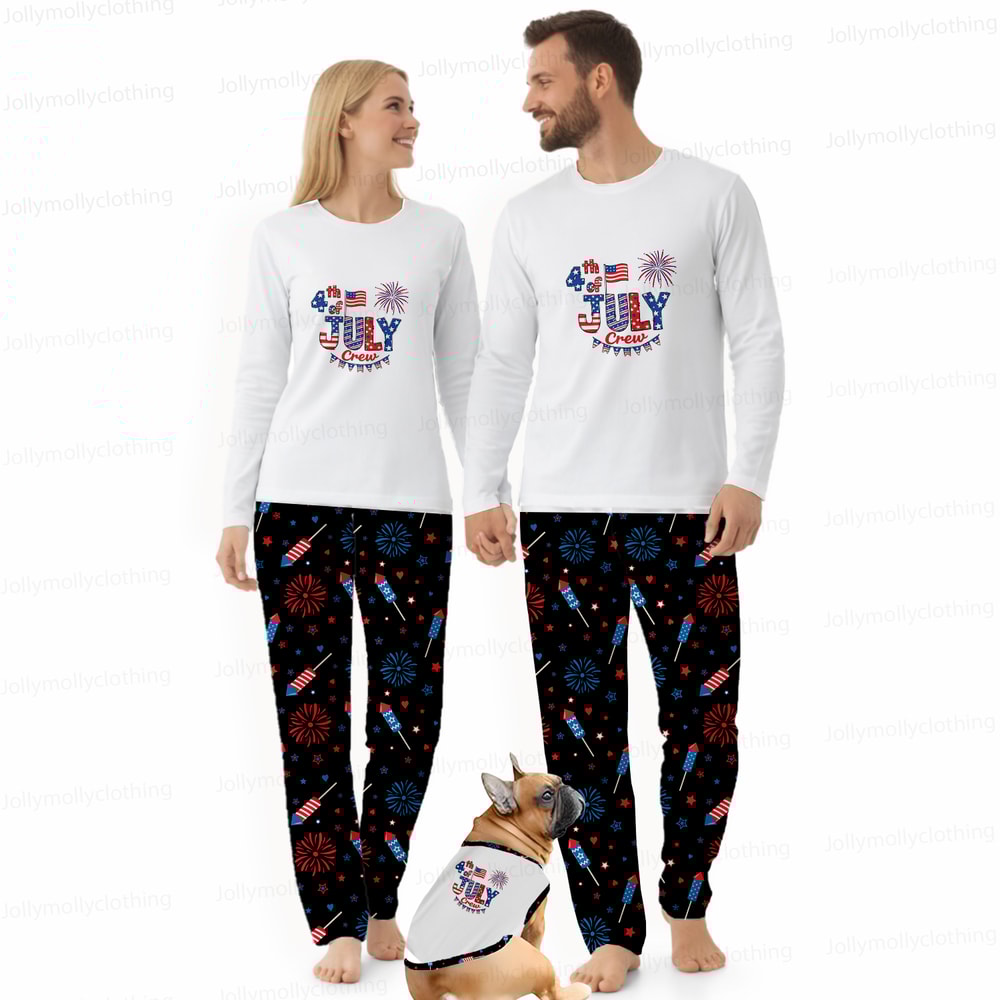 Fourth of July Crew Matching Family Pajamas White Top Black Fireworks Pants