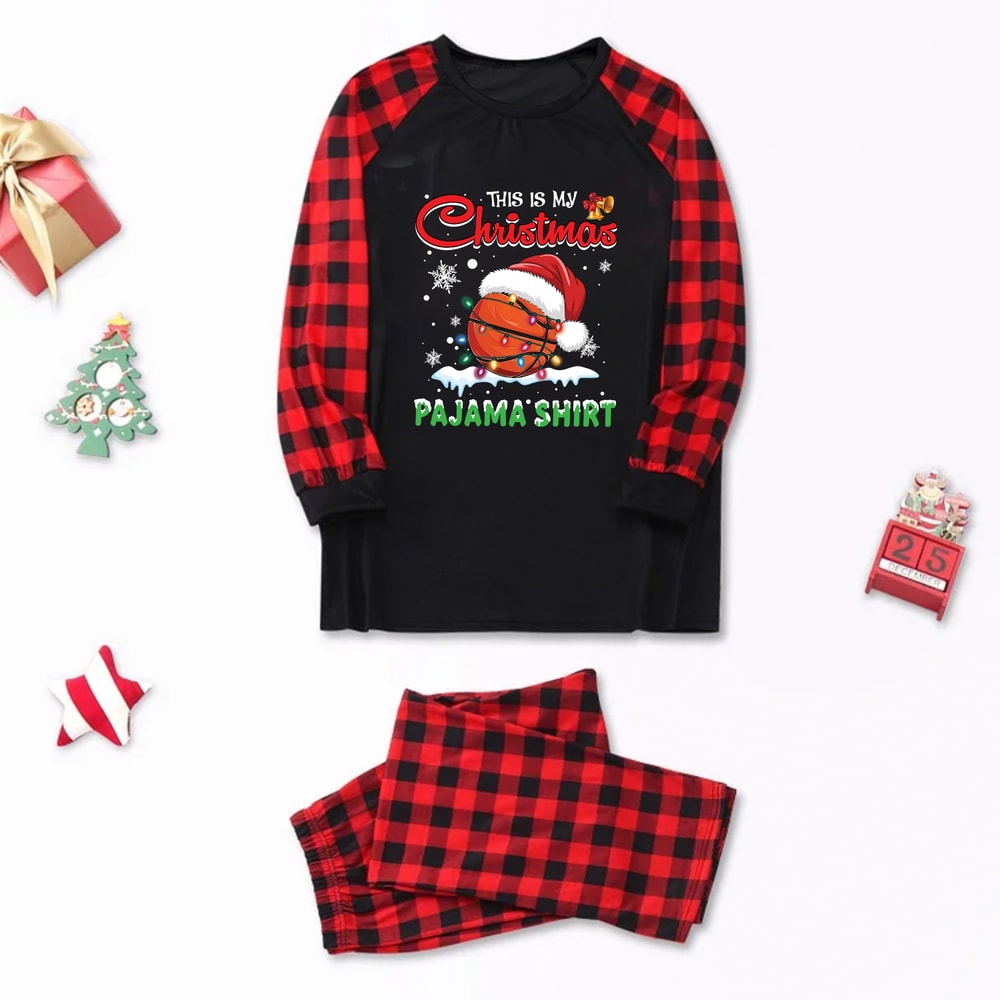 Red Plaid Basketball Christmas Pajama Shirt Matching Family PJs Set"