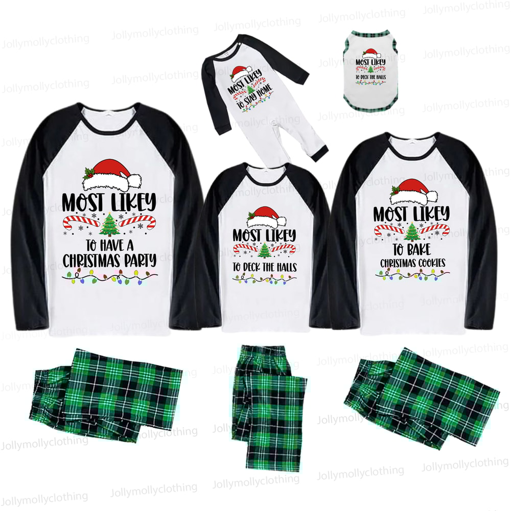 Most Likely To Christmas Quotes Green Plaid Matching Family PJs