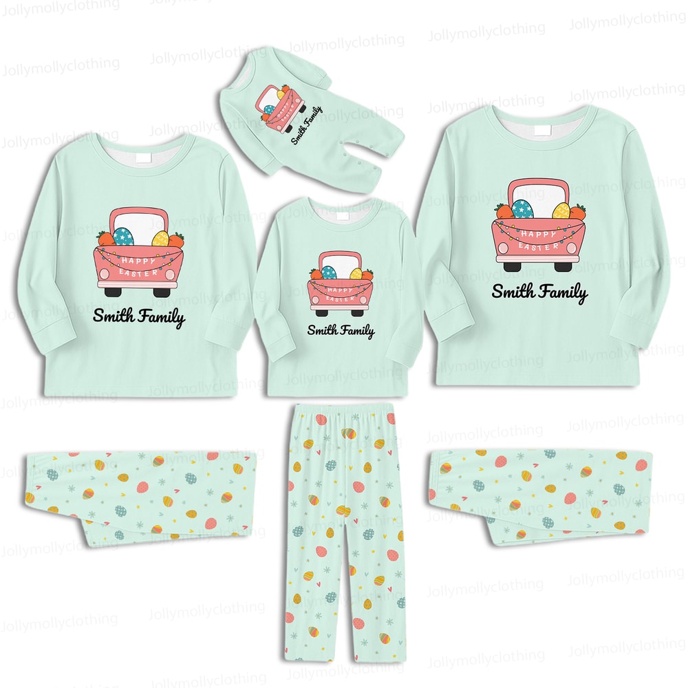 Custom Name Happy Easter Matching Family Pajamas Mint Green Sleepwear