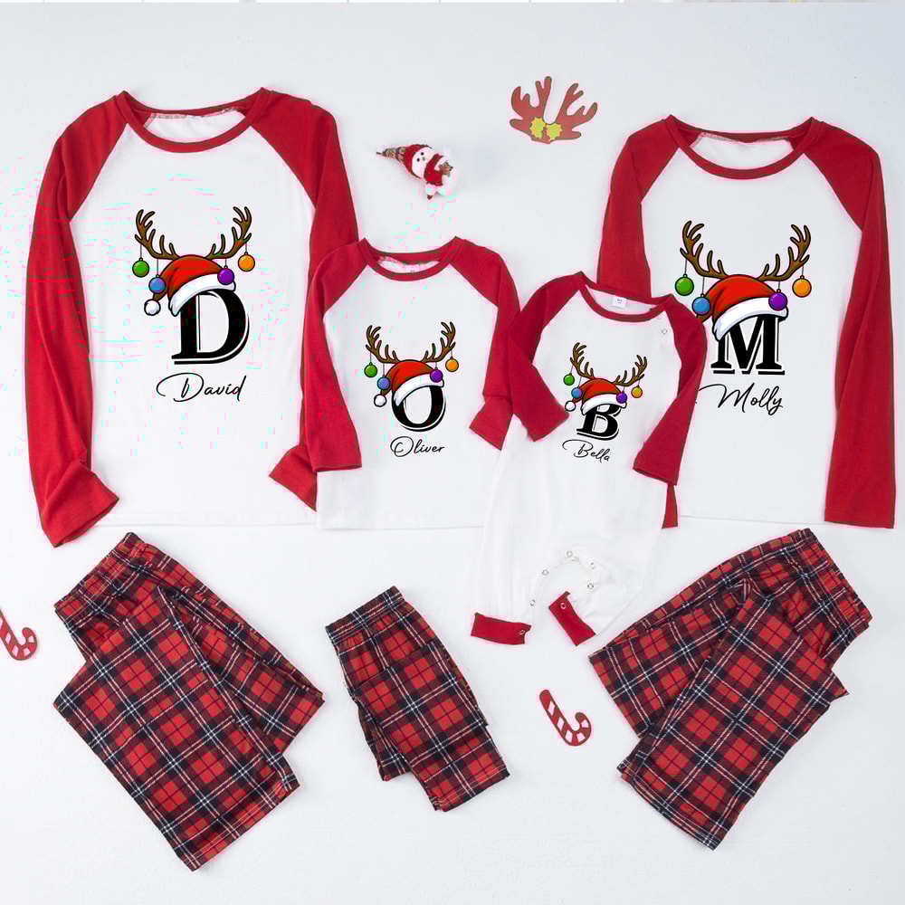 Red Monogrammed Name Christmas Family Pajamas