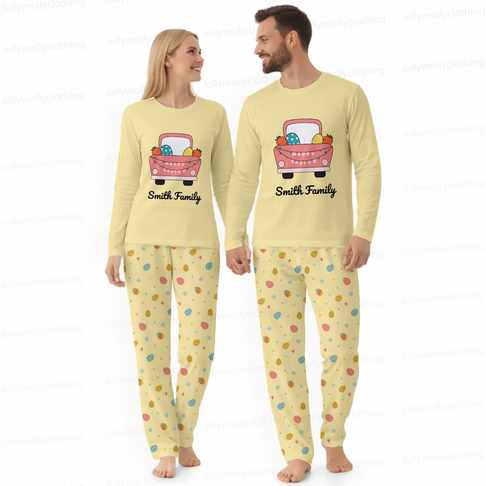 Custom Name Easter Truck Matching Family Pajamas Yellow Set