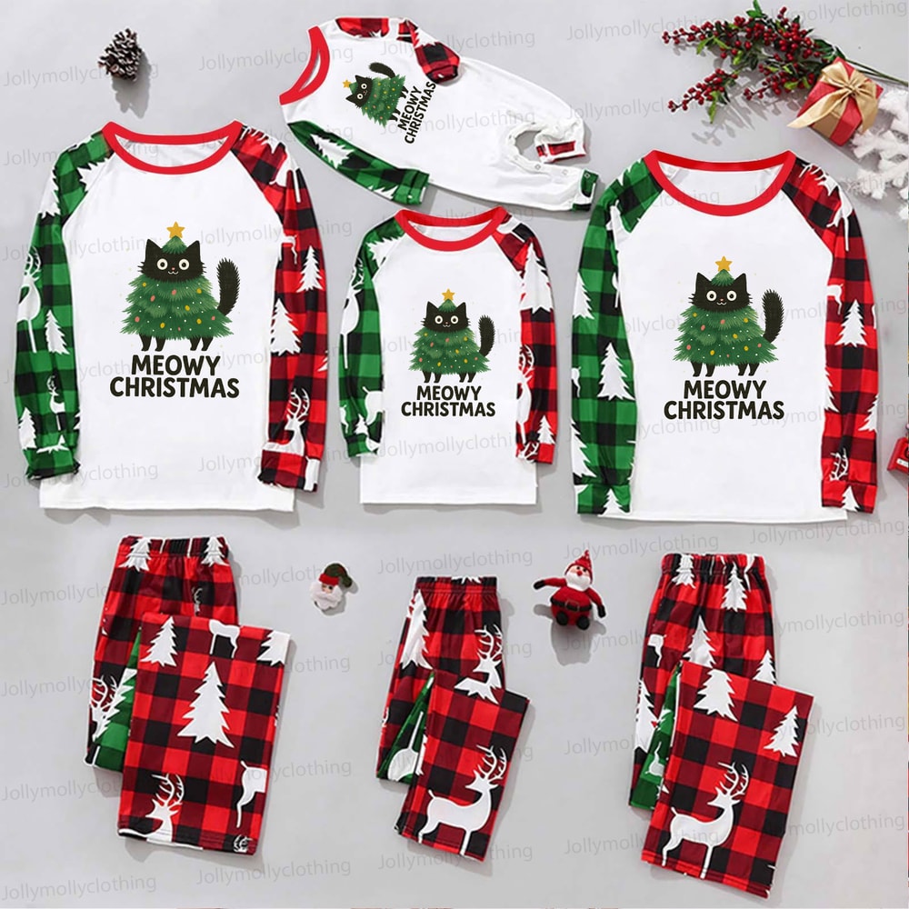 Family Christmas Pajama Set Meowy Christmas Cat Design