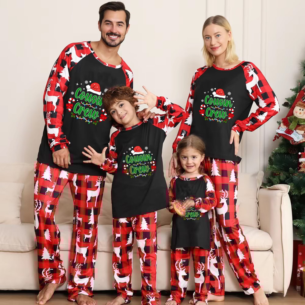 Black Red Reindeer Cousin Crew Christmas Pajamas Set