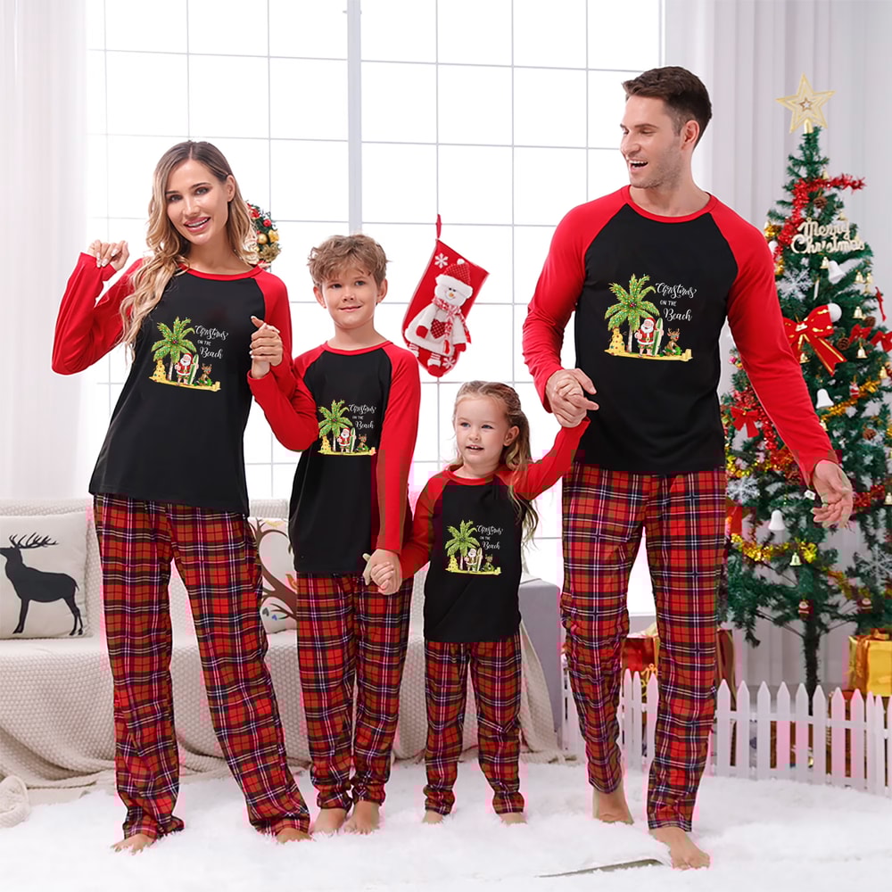 Festive Red Plaid Family Christmas PJs Tropical Santa Beach Design