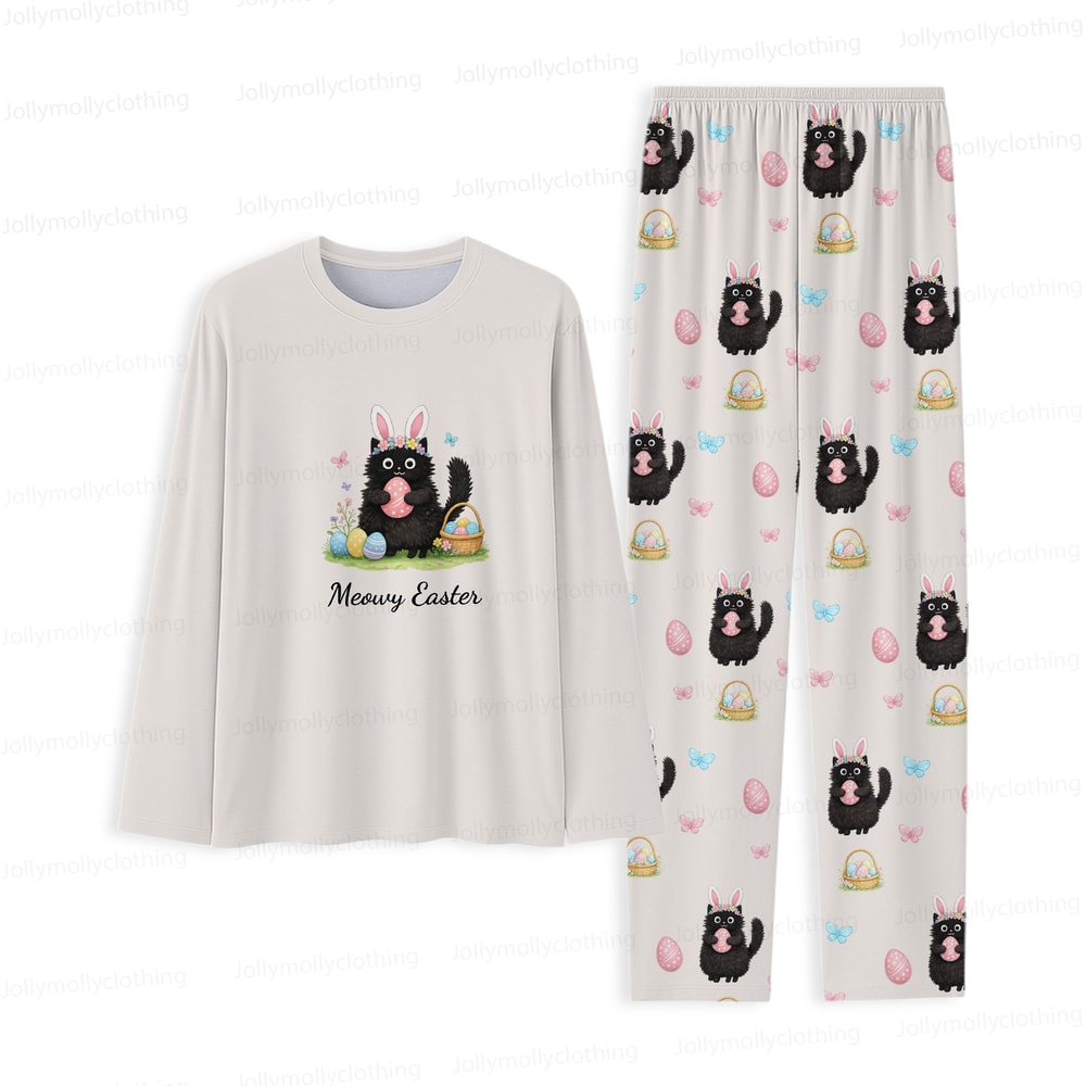 Meowy Easter Matching Family and Dog Pajamas Cream Long Sleeve Set