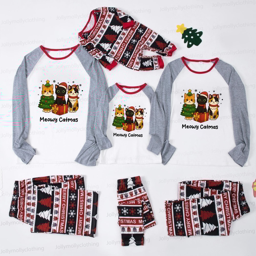 Meowy Catmas Family Pajamas with Cute Christmas Cats and Holiday Print Pants
