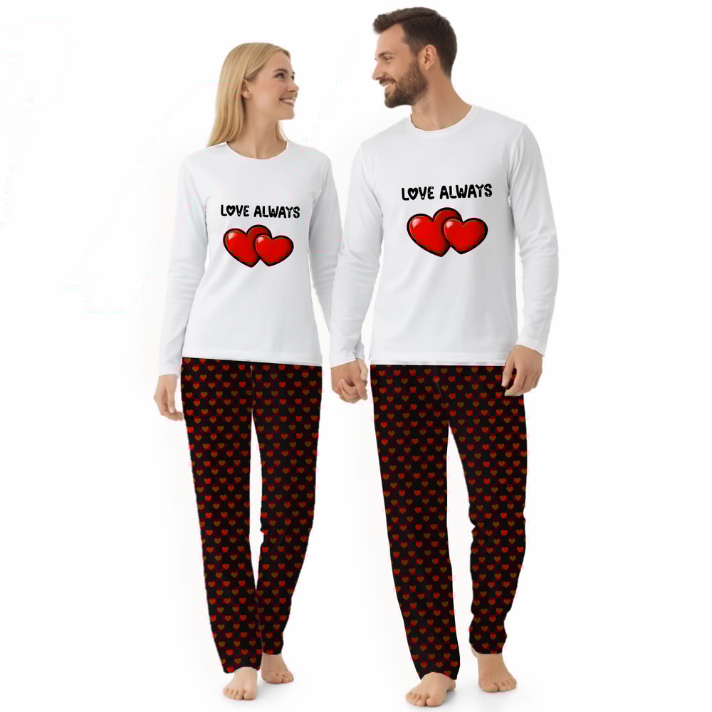 Couples Matching Pajamas Set Love Always Heart Print Long Sleeve Sleepwear