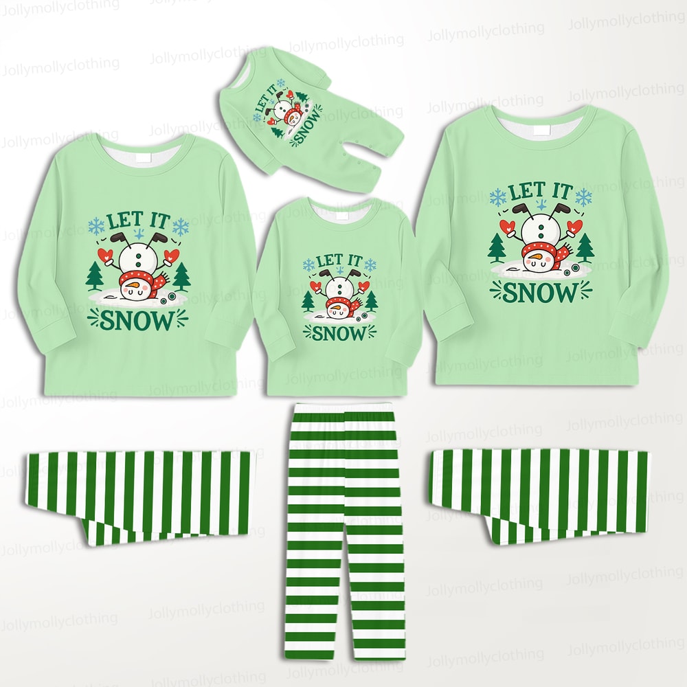 Let It Snow Green Striped Family Christmas Matching Pajamas