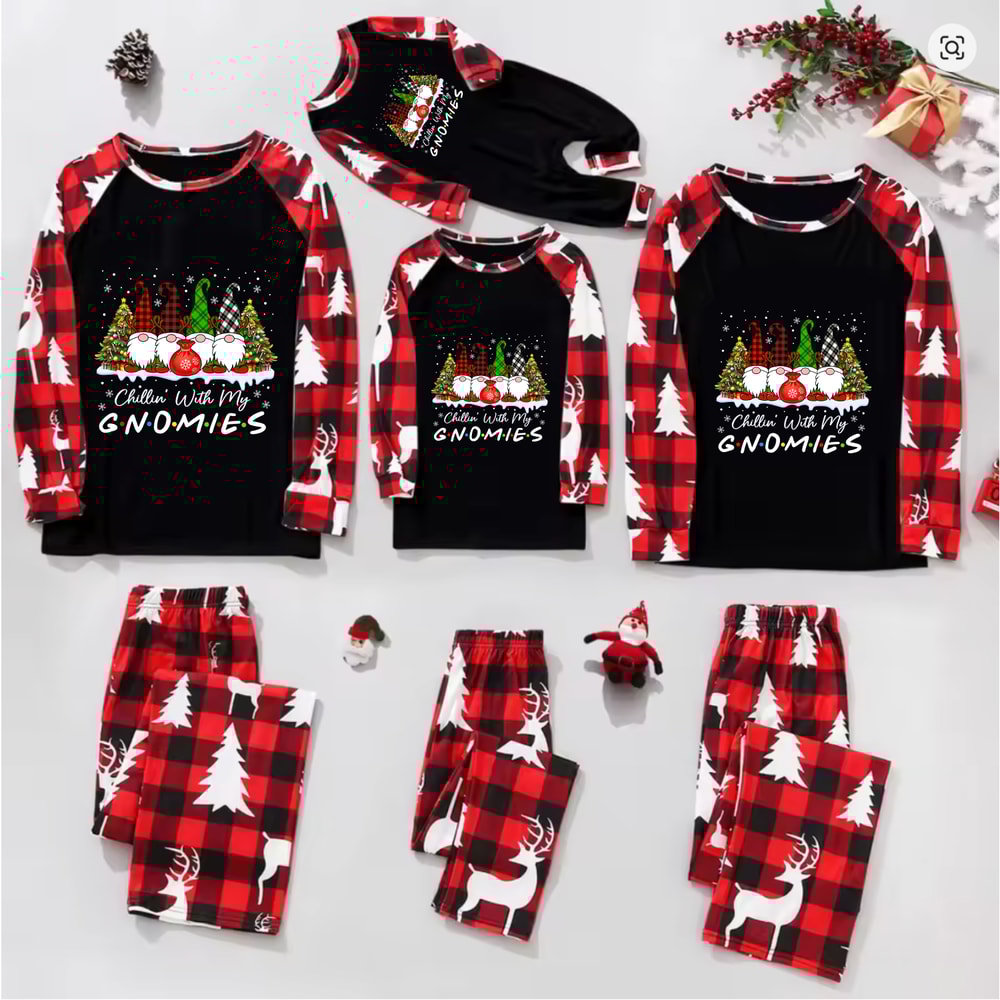 Red Plaid Christmas Gnomes Family Matching PJs Reindeer Tree Print