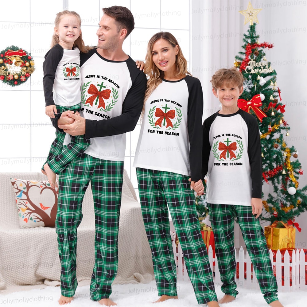 Jesus Is the Reason for the Season Green Plaid Family Christmas Pajama
