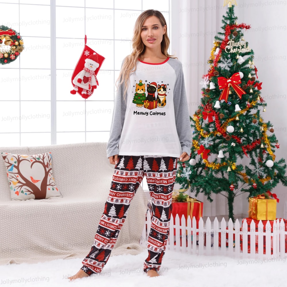 Meowy Catmas Family Pajamas with Cute Christmas Cats and Holiday Print Pants