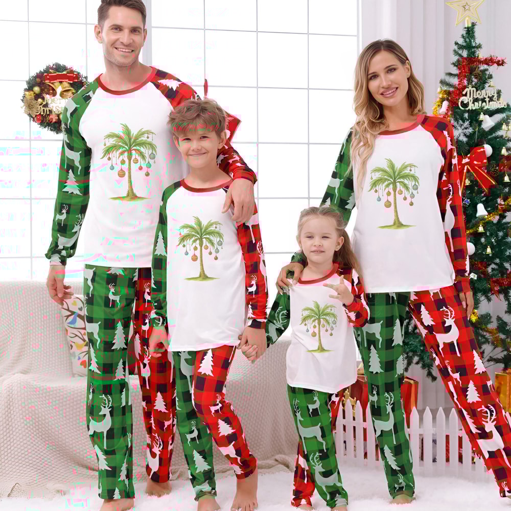 Tropical Holiday Palm Tree Family Pajamas Red and Green Plaid Sleepwear Set