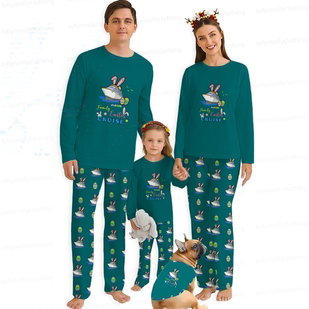 Family Easter Cruise Matching Pajamas with Dog Green Long Sleeve Sleepwear
