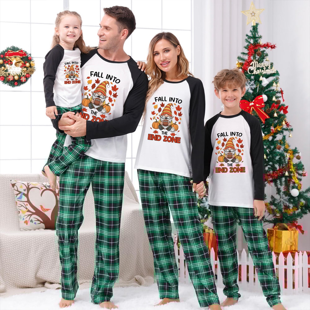 Green Plaid Fall Into End Zone Football Thanksgiving Family Matching Pajamas
