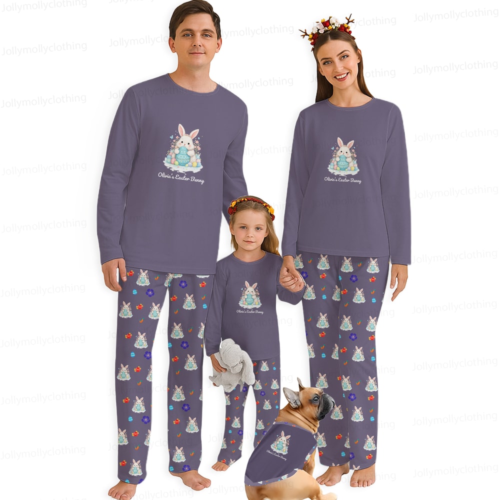 Custom Name Easter Bunny Family Pajamas with Dog Matching Set