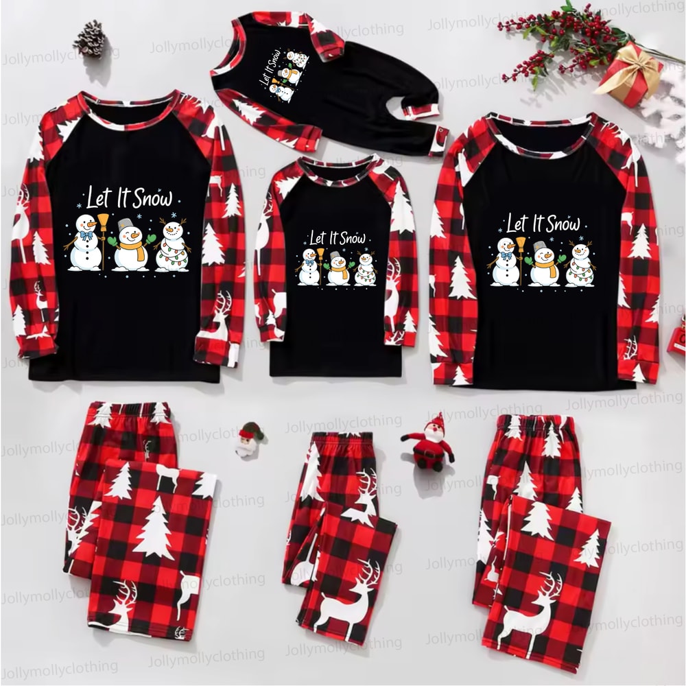 Let It Snow Snowmen Holiday Pajamas for Family in Red Reindeer Check Pattern