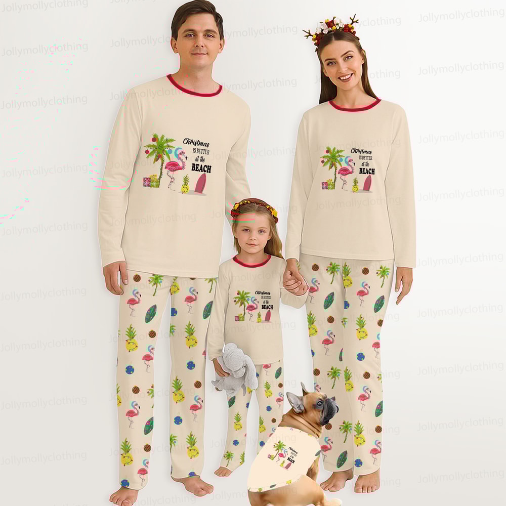 Tropical Beach Christmas Matching Family Pajama Set with Flamingo and Palm Tree Design