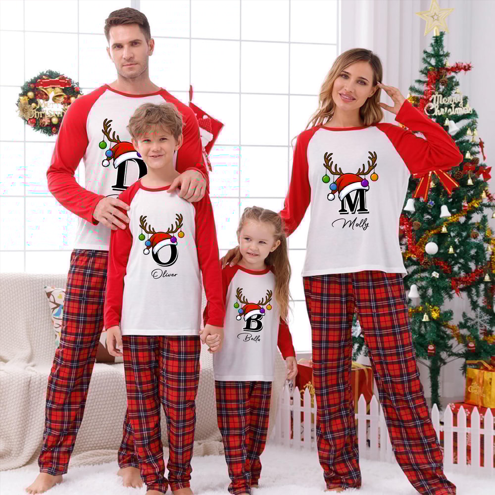 Red Monogrammed Name Christmas Family Pajamas
